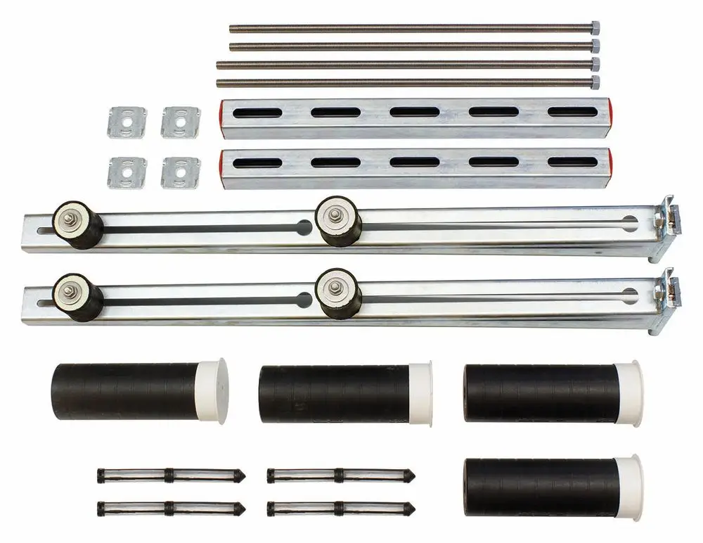Montageset für Wandhalterung, bestehend aus Aluminiumprofilen, Rollen, Schrauben und weiteren Komponenten, möglicherweise verwendet für Vaillant aroTHERM an gedämmten Wänden.